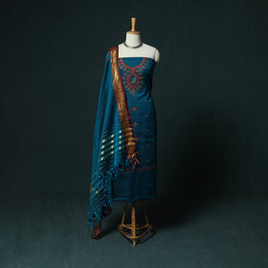 Blue - Ilkal Kasuti Embroidery Cotton 3pc Unstitched Dress Material Suit Set 30