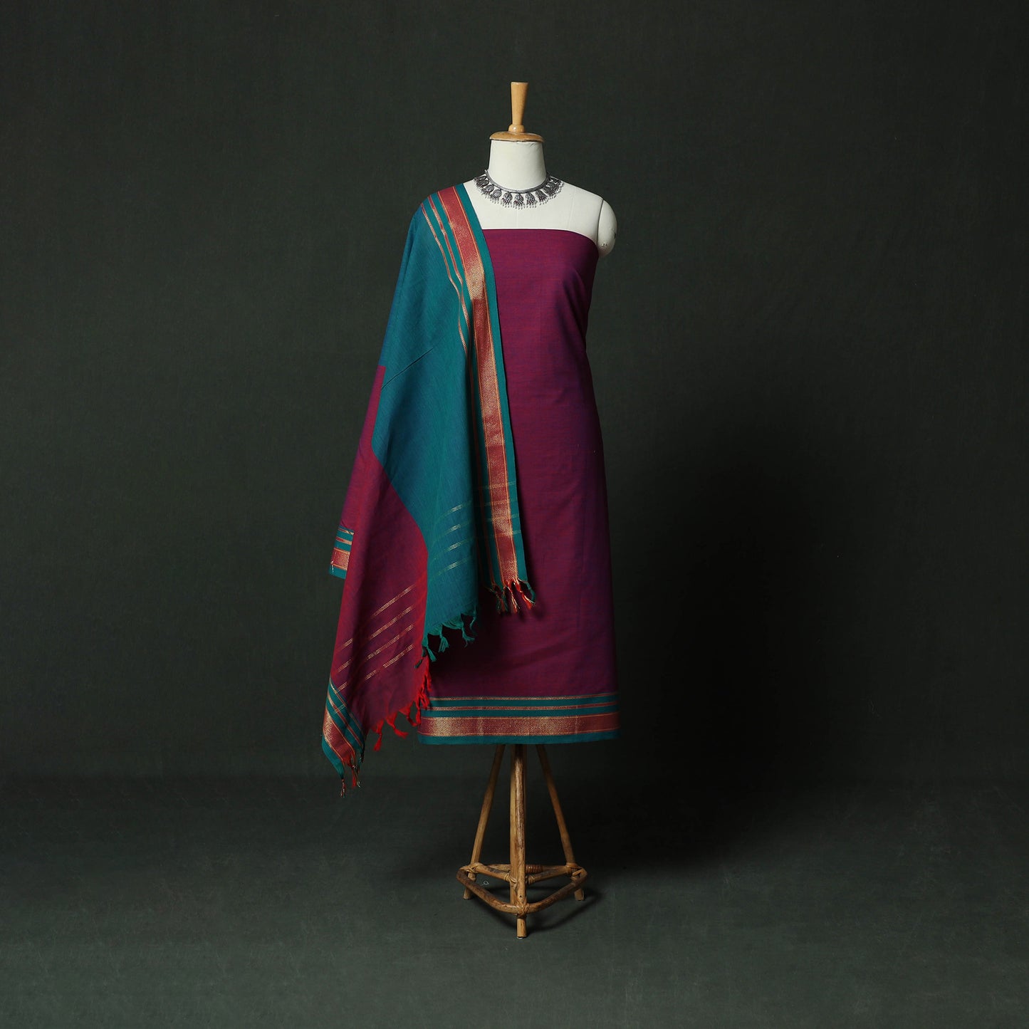 Purple - Dharwad Cotton 3pc Unstitched Dress Material Suit Set with Woven Zari Border 12