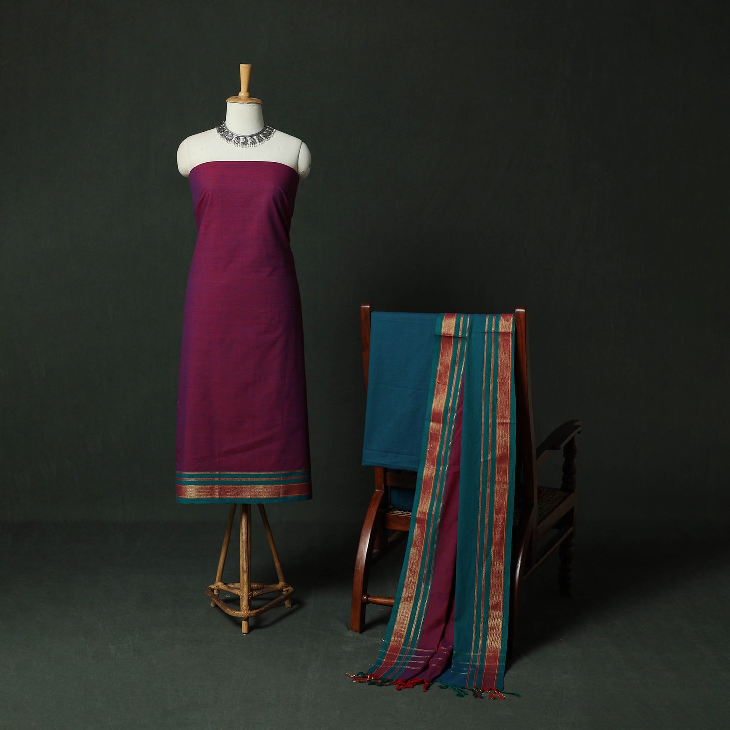 Purple - Dharwad Cotton 3pc Unstitched Dress Material Suit Set with Woven Zari Border 12