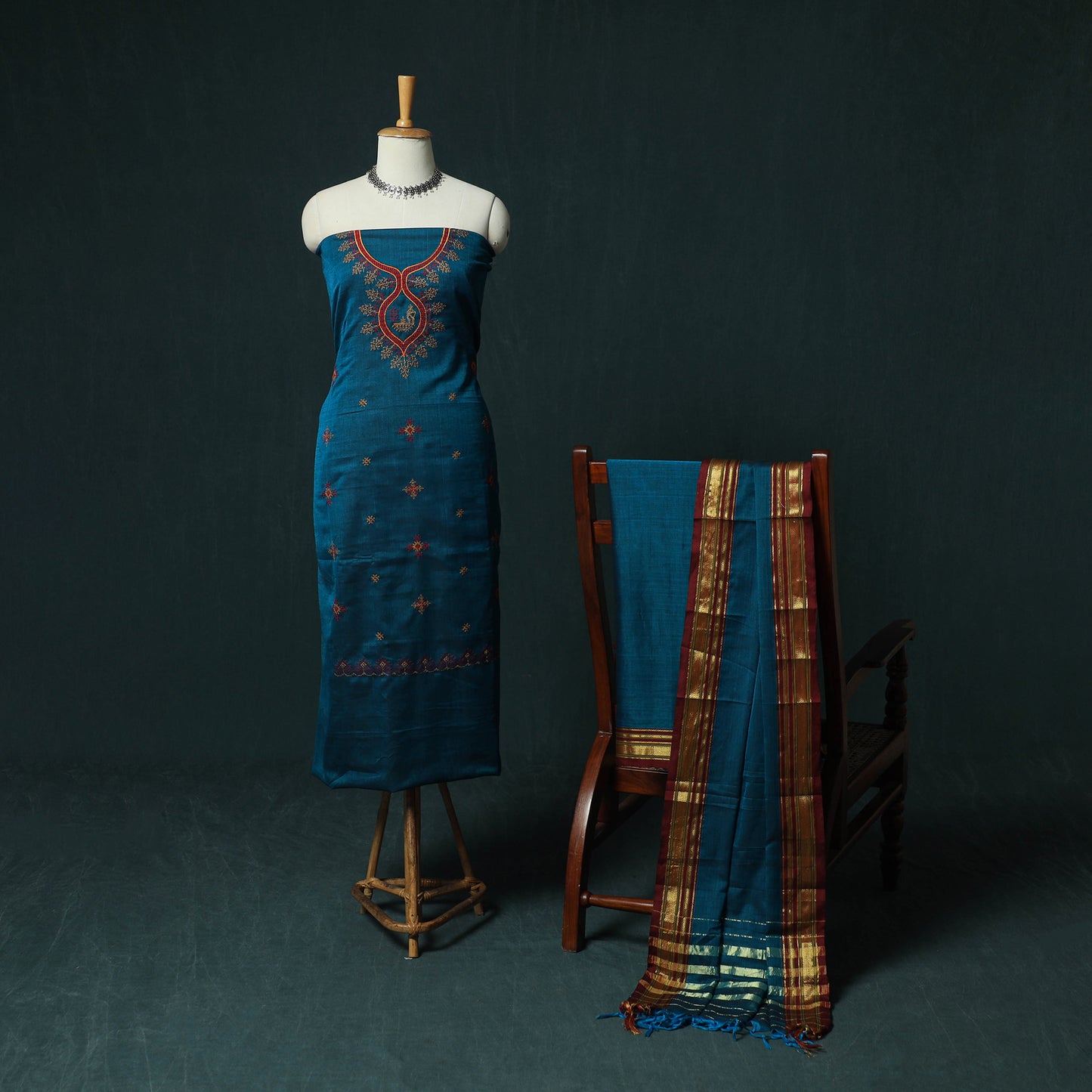 Ilkal Kasuti Embroidery Cotton 3pc Unstitched Dress Material Suit Set 30