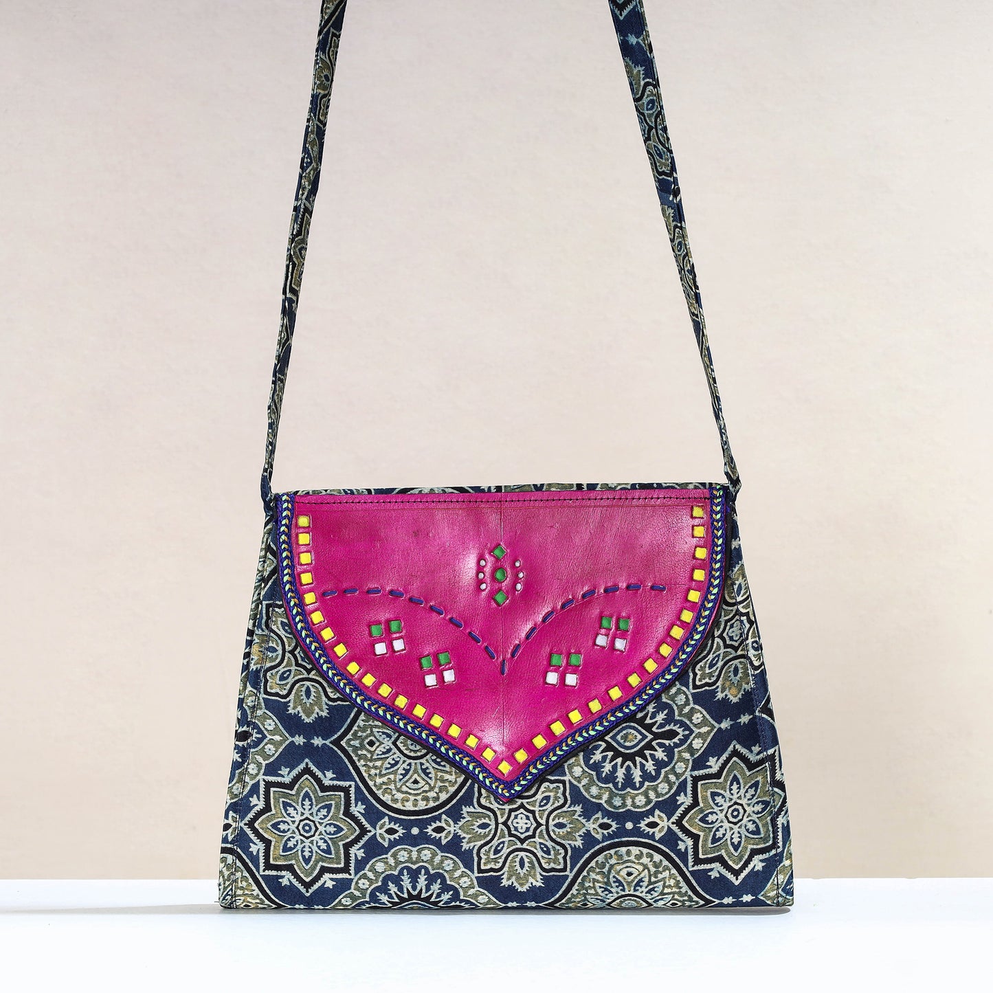 Blue - Handcrafted Ajrakh Mashru Silk Sling Bag with Leather Flap