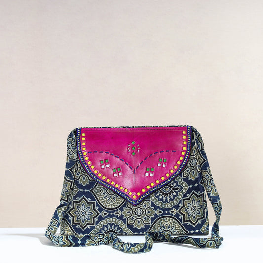 Blue - Handcrafted Ajrakh Mashru Silk Sling Bag with Leather Flap