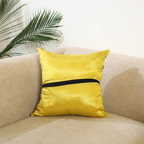 Yellow Hand Embroidered Cushion Cover in Chanderi Silk