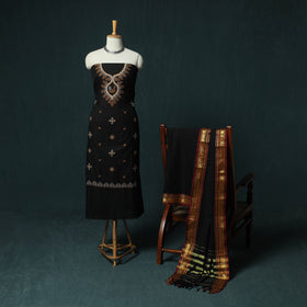 Black - Ilkal Kasuti Embroidery Cotton 3pc Unstitched Dress Material Suit Set 31