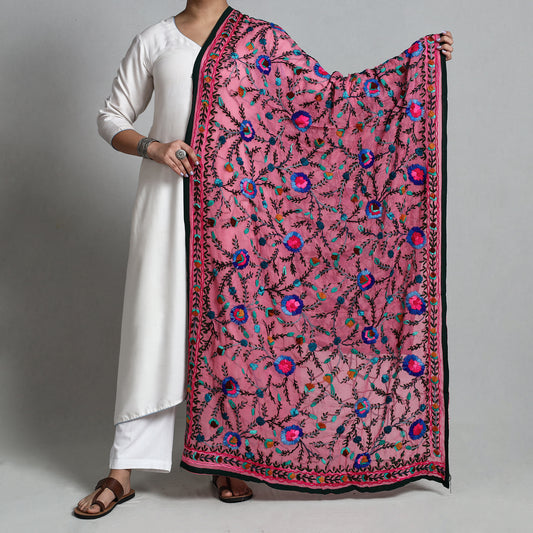 Pink - Ranihati Georgette Chapa Work Phulkari Embroidered Dupatta