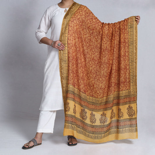 Orange - Bagh Block Printed Mul Cotton Dupatta with Zari Border