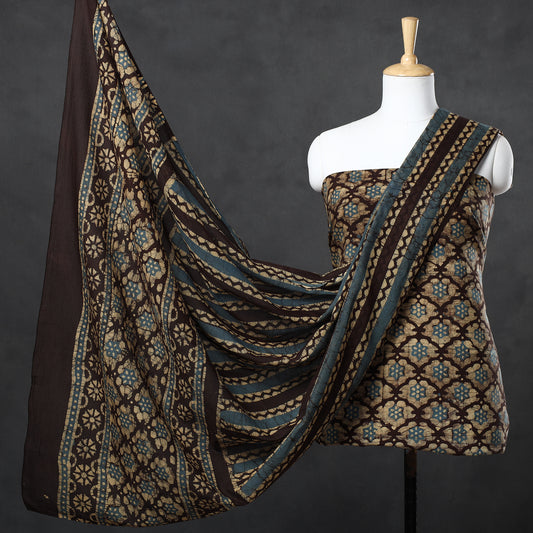 Beige - 3pc Kutch Batik Printed Cotton Suit Material Set