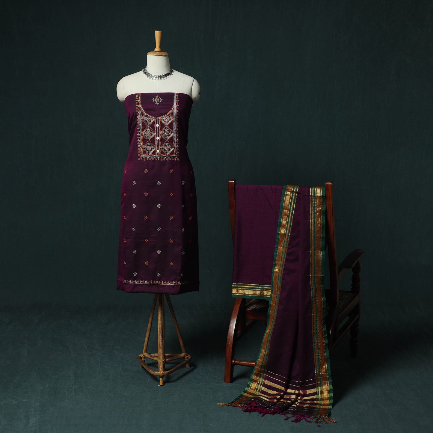 Ilkal Kasuti Embroidery Cotton 3pc Unstitched Dress Material Suit Set 32