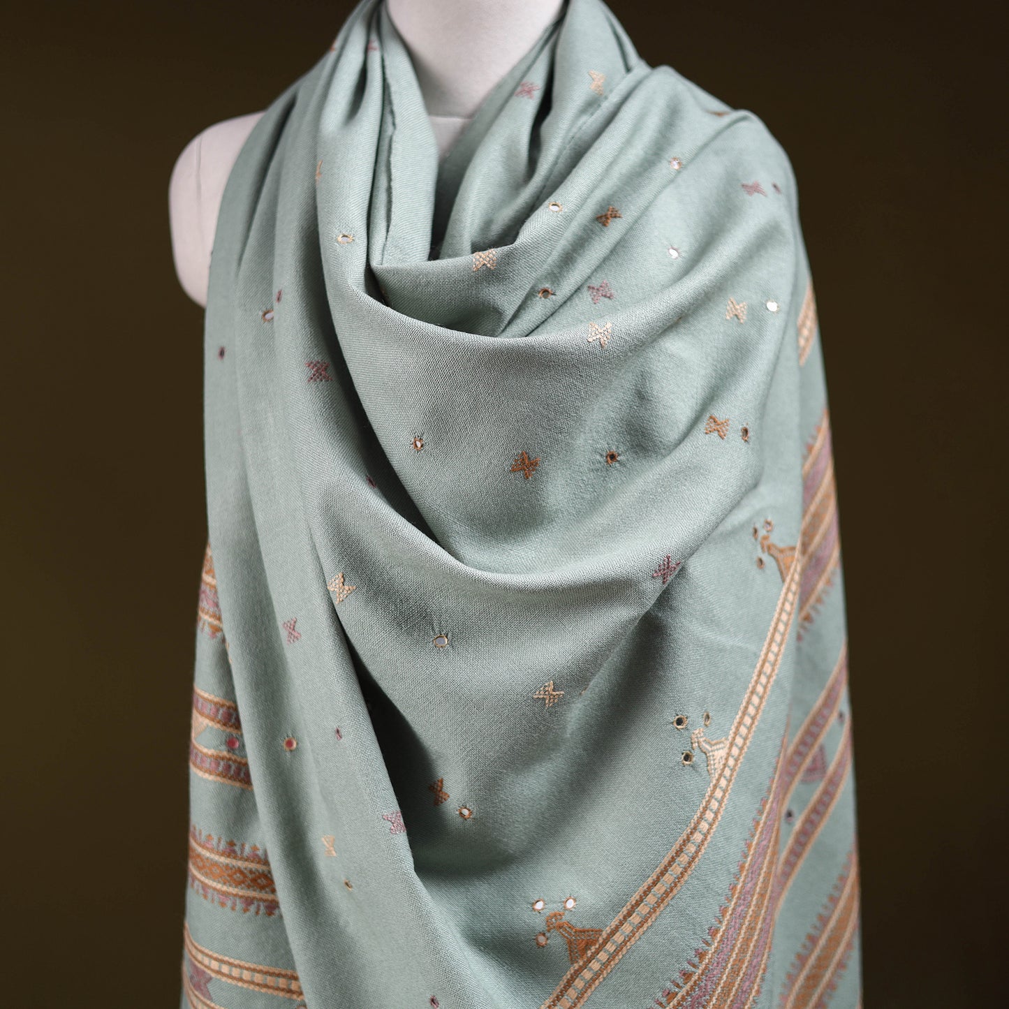 Kutch Bhujodi Handwoven Mirror Work Acrylic Wool Shawl 104