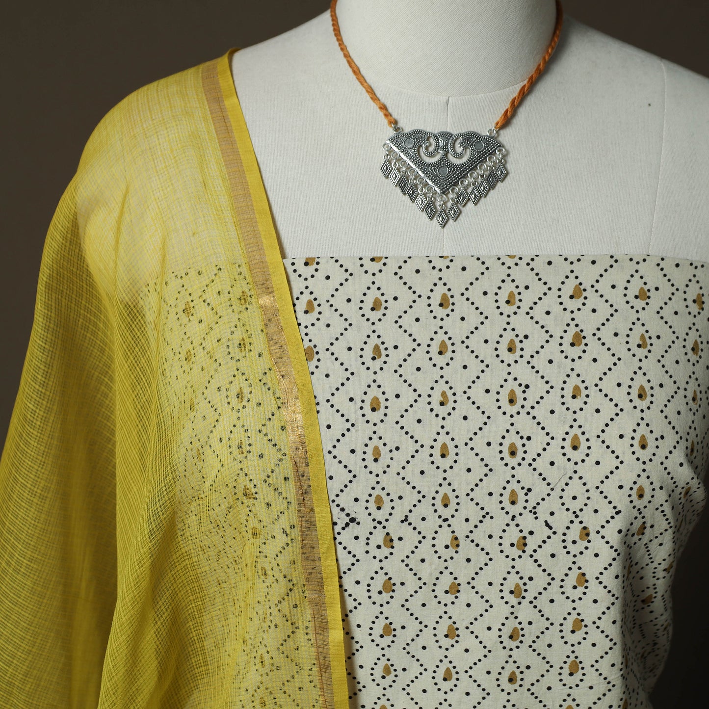Ajrakh Hand Block Print Natural Dyed 2pc Cotton Unstitched Dress Material Kurta Set with Jewellery 12