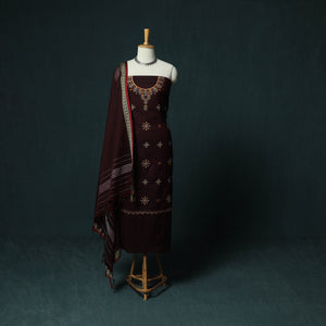 Maroon - Ilkal Kasuti Embroidery Cotton 3pc Unstitched Dress Material Suit Set 33