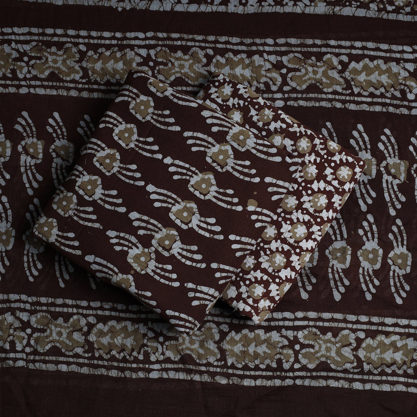 Brown - 3pc Kutch Batik Printed Cotton Suit Material Set