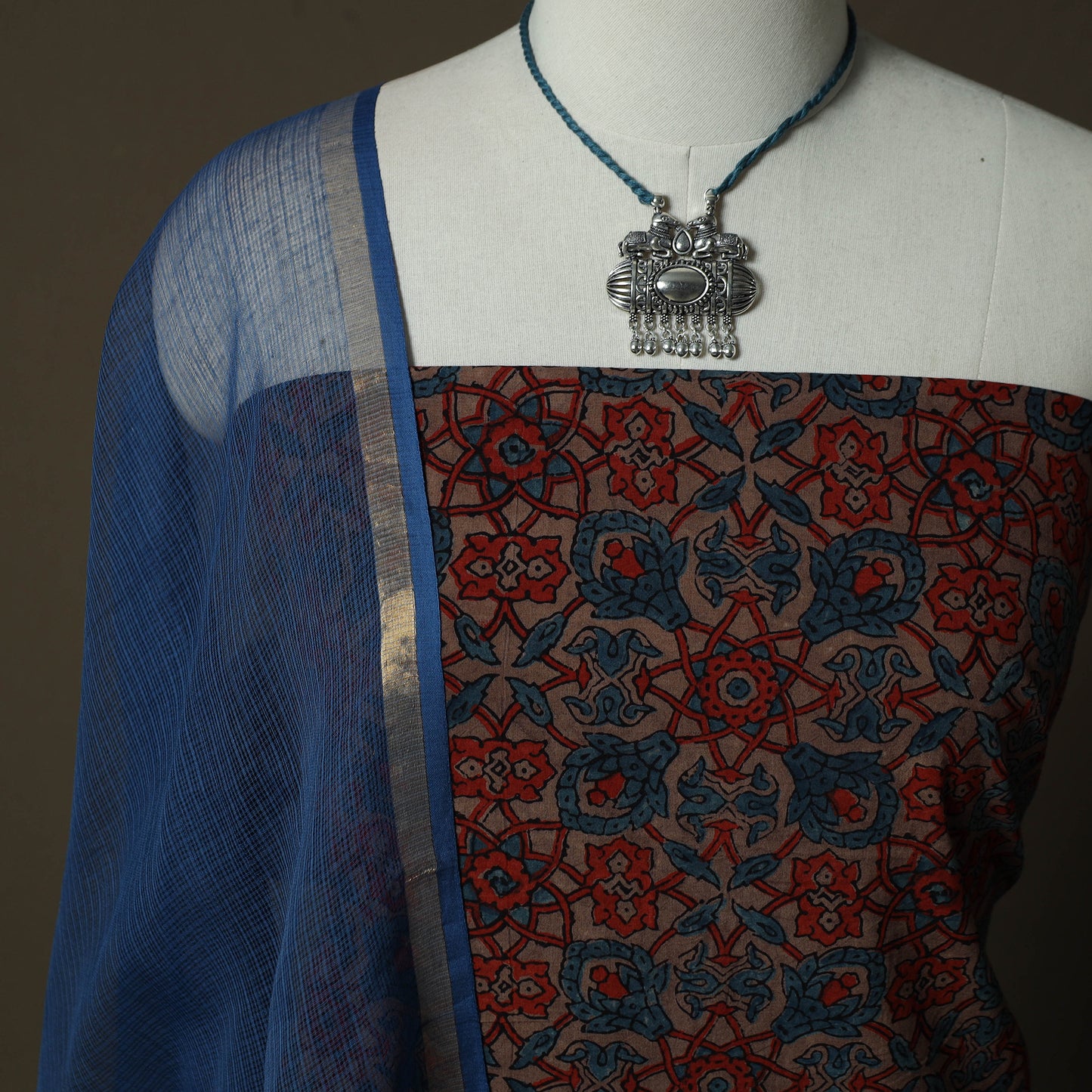 Ajrakh Hand Block Print Natural Dyed 2pc Cotton Unstitched Dress Material Kurta Set with Jewellery 01