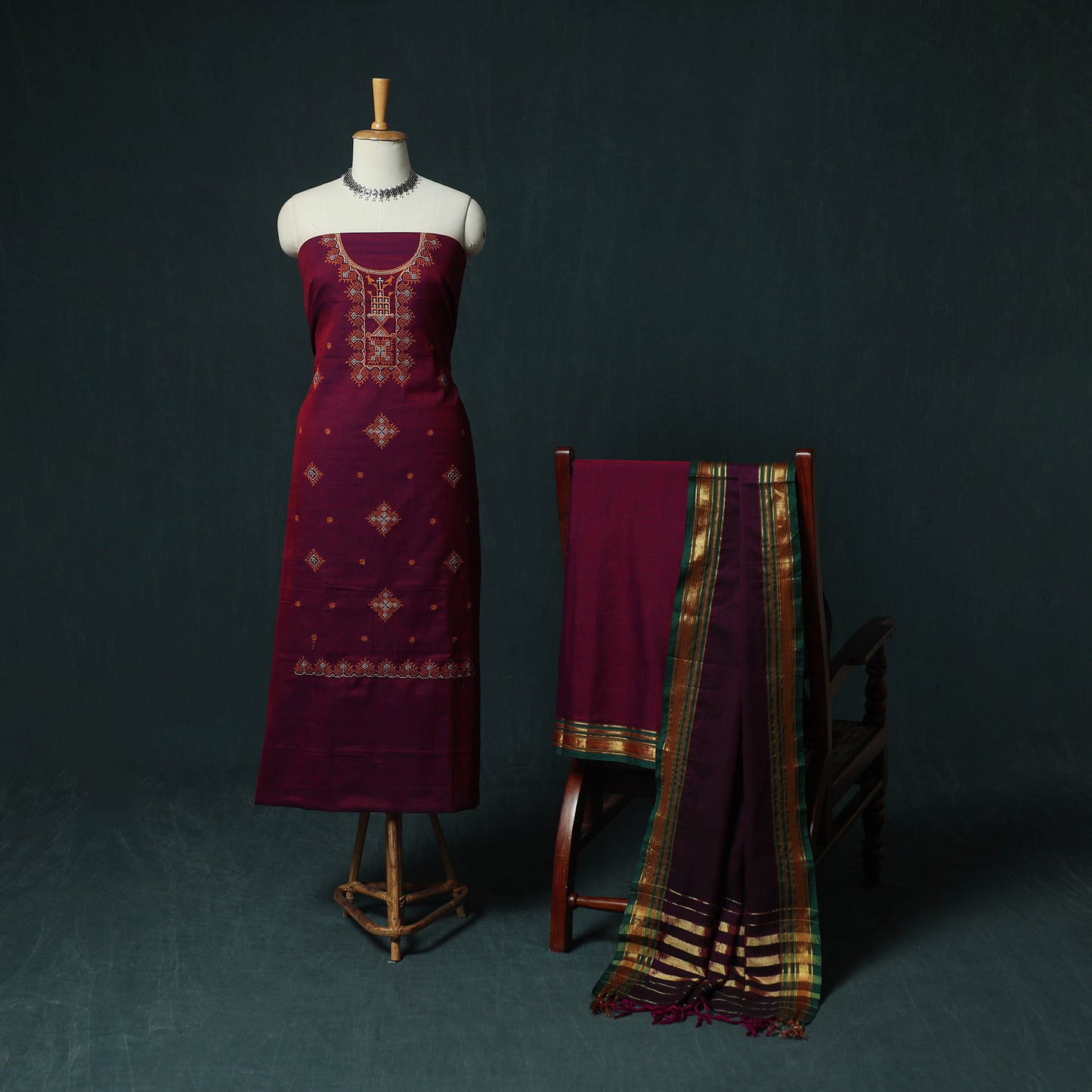Purple - Ilkal Kasuti Embroidery Cotton 3pc Unstitched Dress Material Suit Set 34