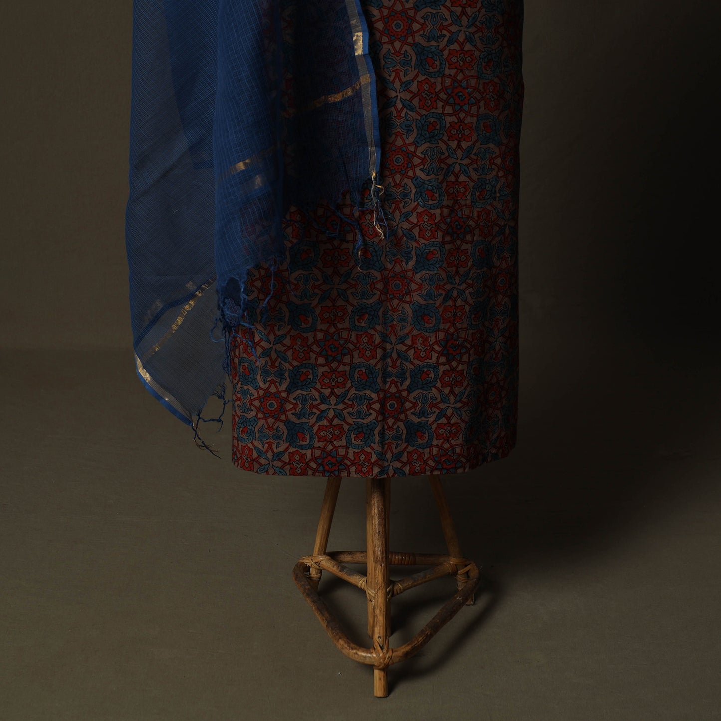 Ajrakh Hand Block Print Natural Dyed 2pc Cotton Unstitched Dress Material Kurta Set with Jewellery 01
