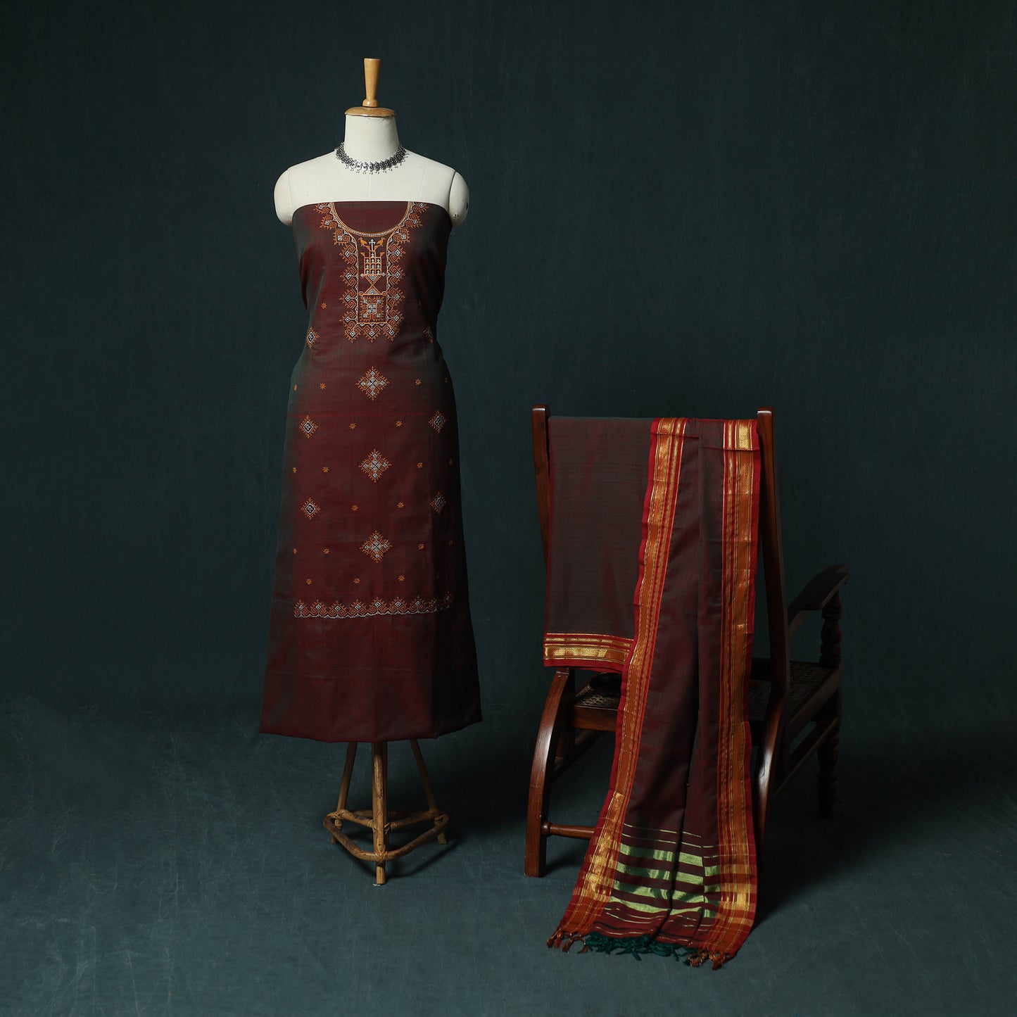 Maroon - Ilkal Kasuti Embroidery Cotton 3pc Unstitched Dress Material Suit Set 35