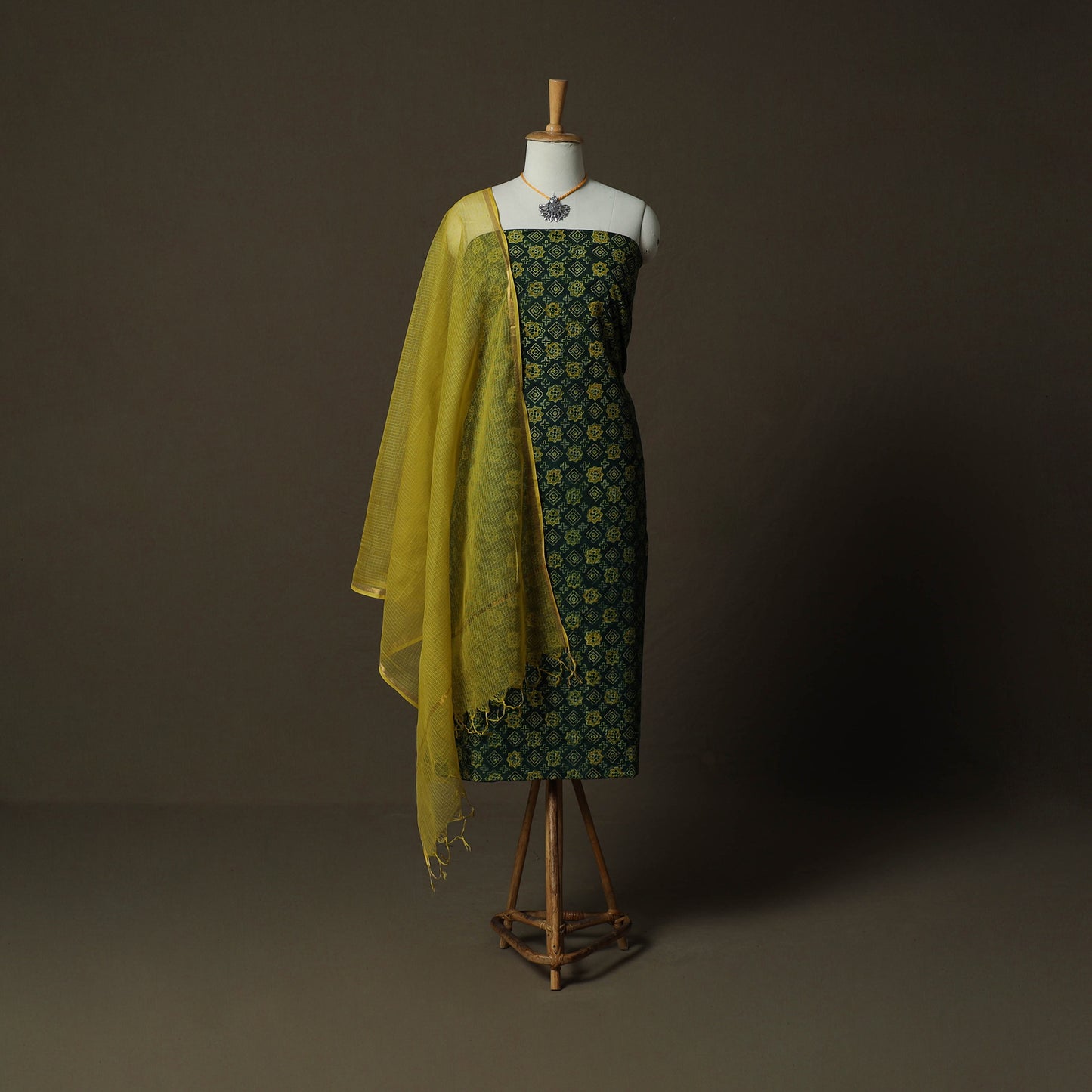 Ajrakh Hand Block Print Natural Dyed 2pc Cotton Unstitched Dress Material Kurta Set with Jewellery 02