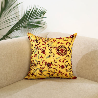 Yellow - hand embroidery cushion cover in chanderi silk 26