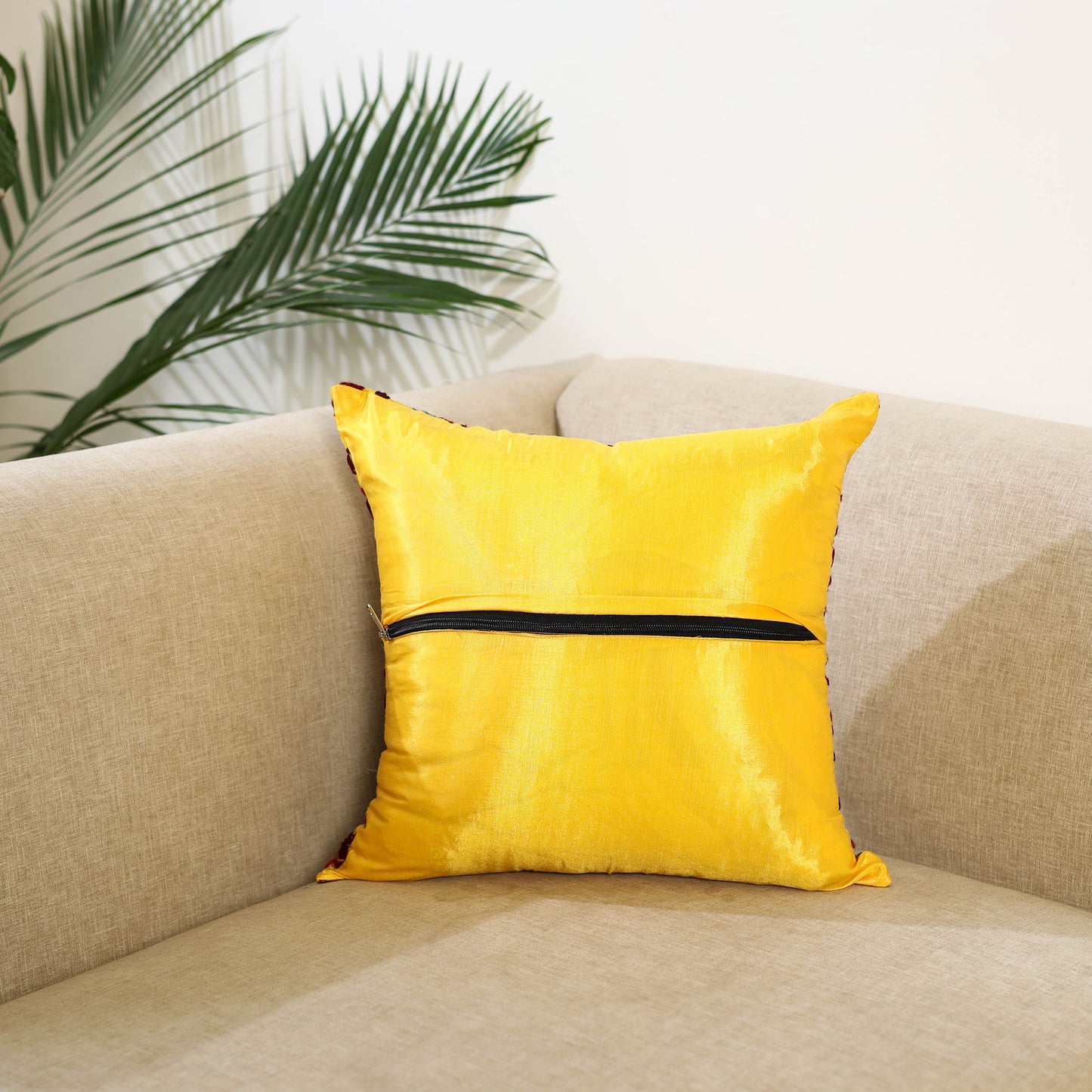 Yellow - hand embroidery cushion cover in chanderi silk 26