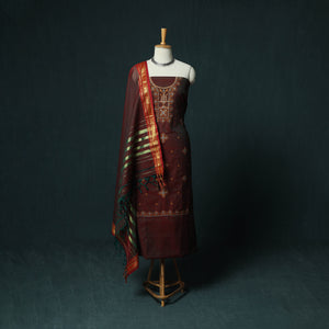 Maroon - Ilkal Kasuti Embroidery Cotton 3pc Unstitched Dress Material Suit Set 35