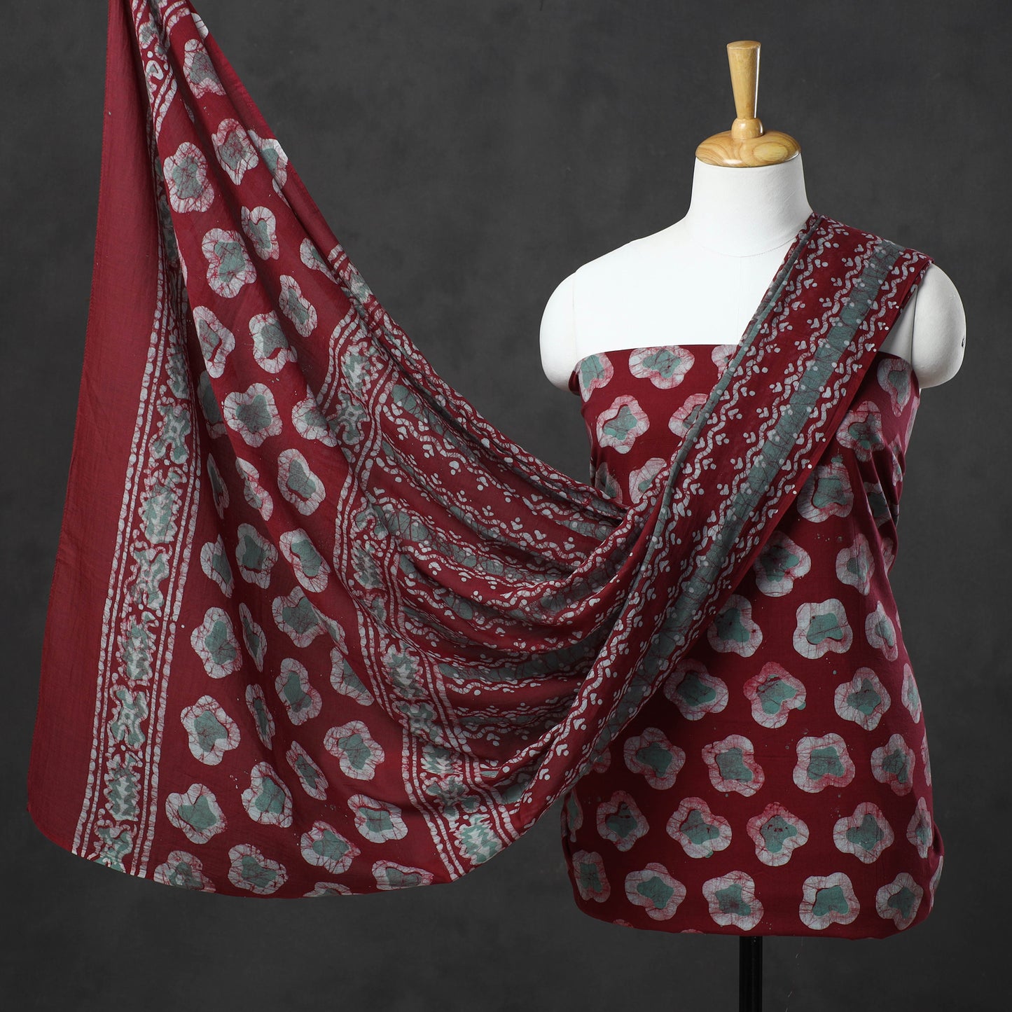 Red - Kutch Print Cotton 3pc Batik Dress Material 78