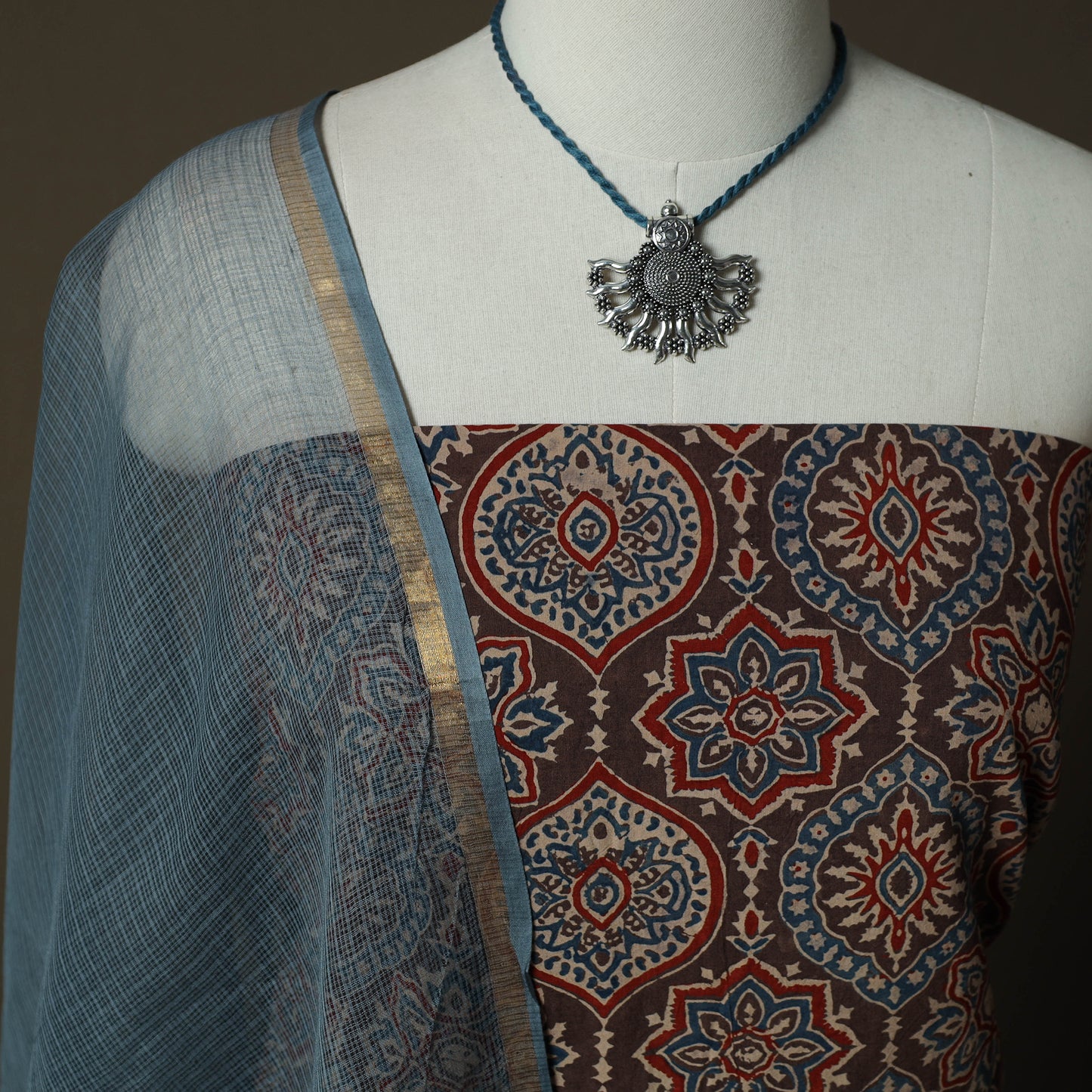 Ajrakh Hand Block Print Natural Dyed 2pc Cotton Unstitched Dress Material Kurta Set with Jewellery 03