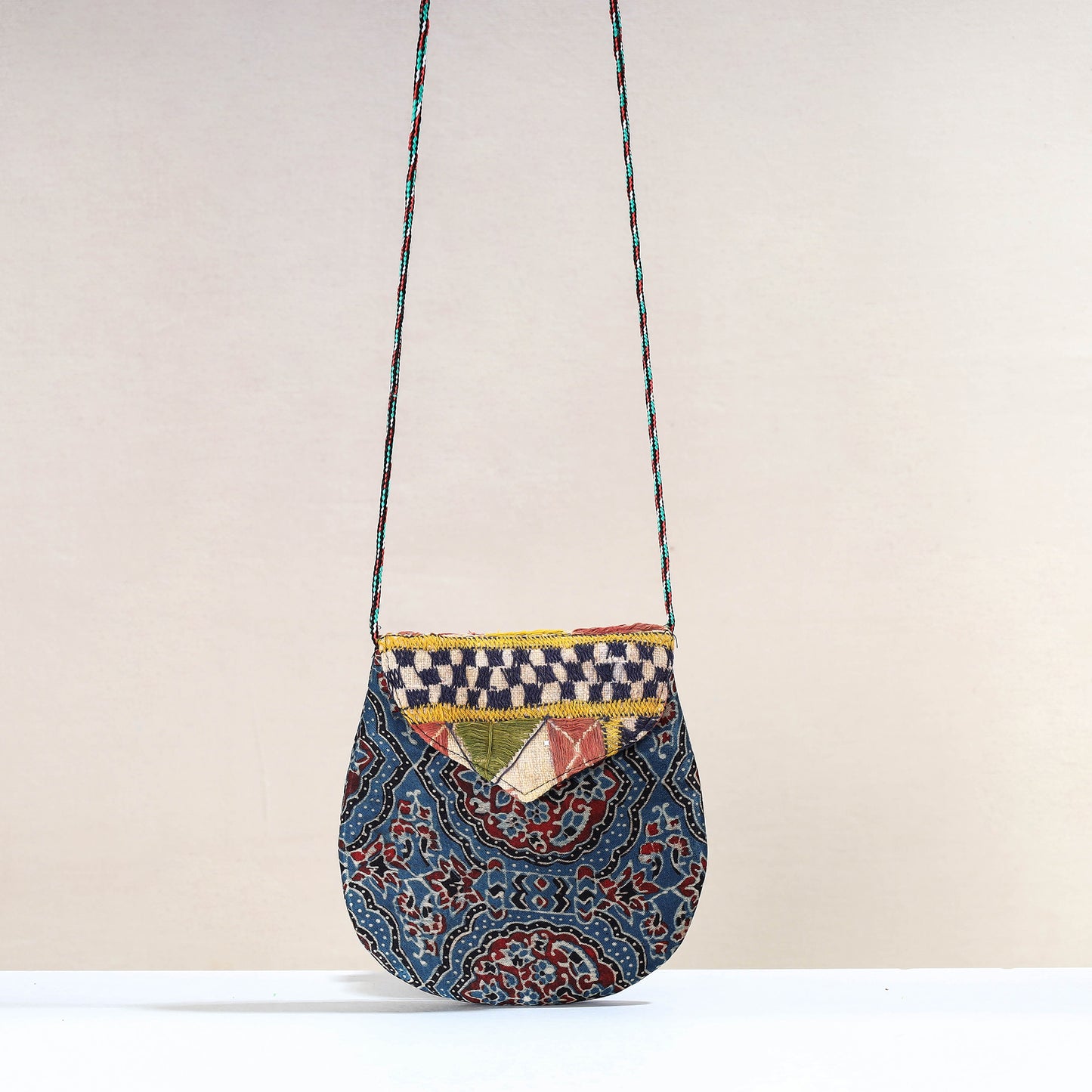 Blue - Handcrafted Ajrakh Mashru Silk Sling Bag with Embroidery Flap