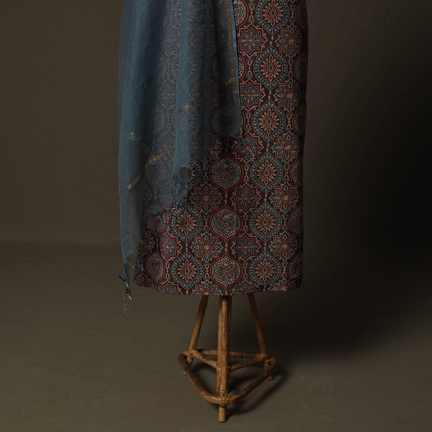 Ajrakh Hand Block Print Natural Dyed 2pc Cotton Unstitched Dress Material Kurta Set with Jewellery 03