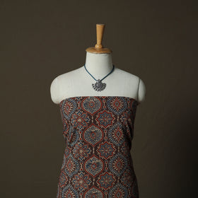 Ajrakh Hand Block Print Natural Dyed 2pc Cotton Unstitched Dress Material Kurta Set with Jewellery 03