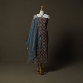 Ajrakh Hand Block Print Natural Dyed 2pc Cotton Unstitched Dress Material Kurta Set with Jewellery 05