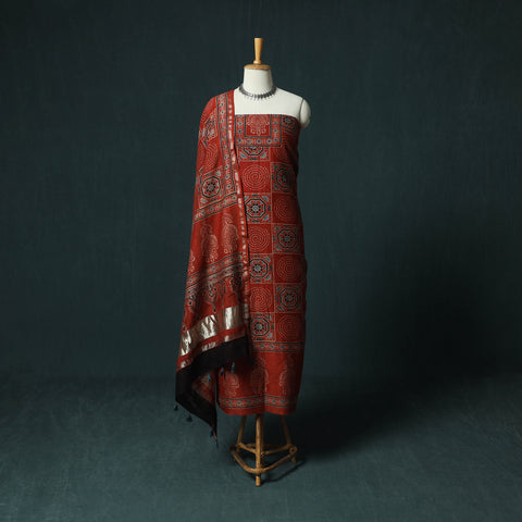 Red - Ajrakh Hand Block Print Chanderi Silk Natural Dyed 2pc Unstitched Dress Material Kurta Set 01