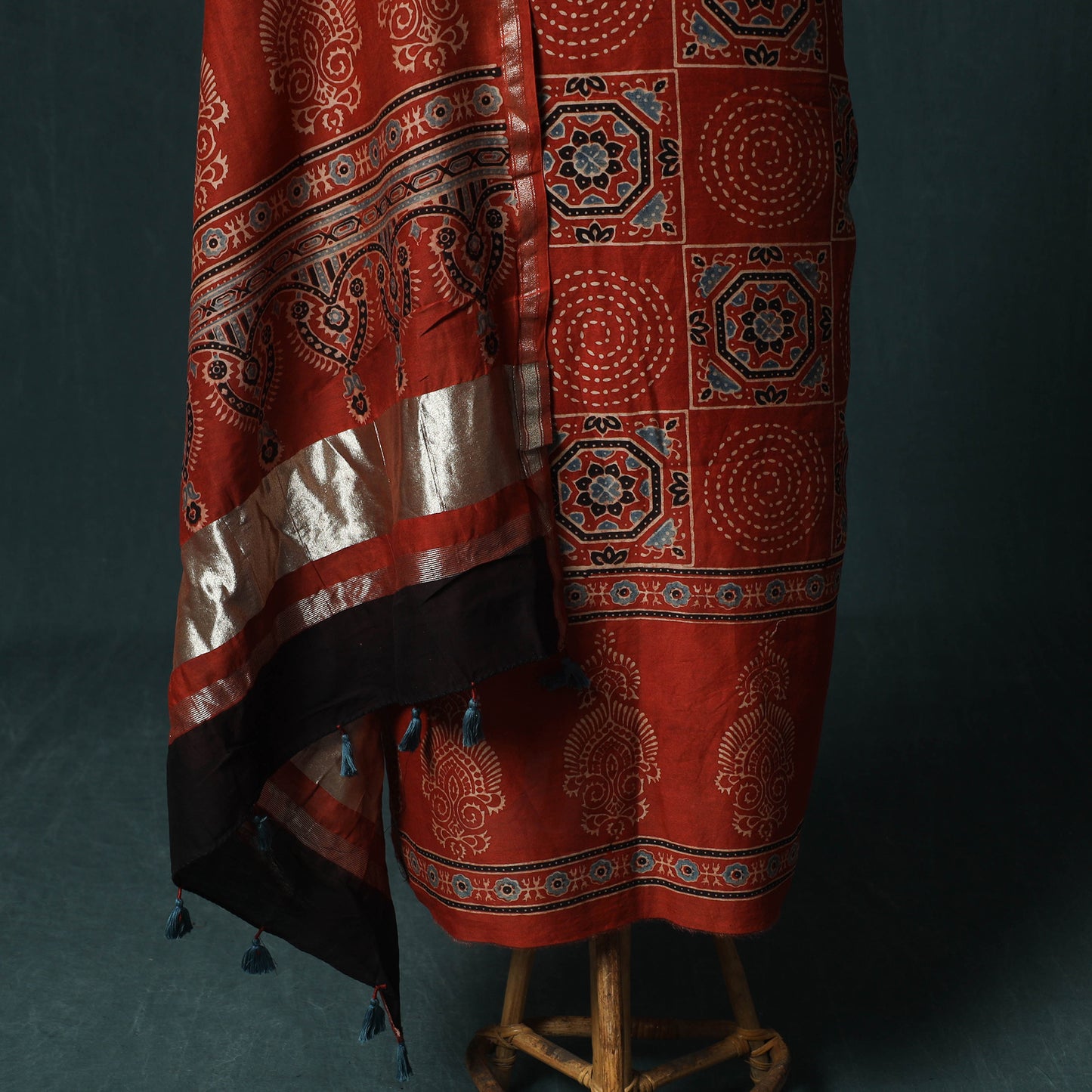 Red - Ajrakh Hand Block Print Chanderi Silk Natural Dyed 2pc Unstitched Dress Material Kurta Set 01