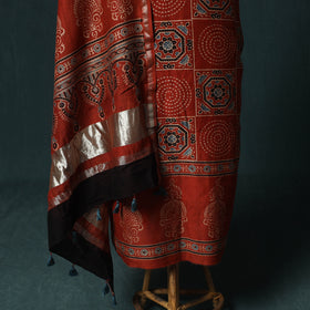 Red - Ajrakh Hand Block Print Chanderi Silk Natural Dyed 2pc Unstitched Dress Material Kurta Set 01