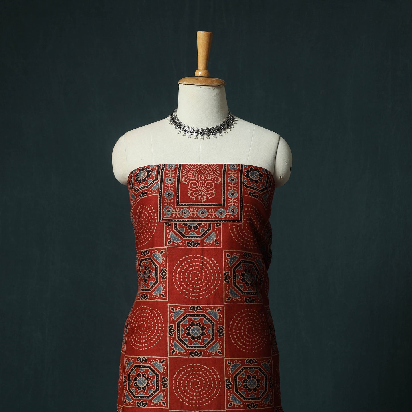Red - Ajrakh Hand Block Print Chanderi Silk Natural Dyed 2pc Unstitched Dress Material Kurta Set 01