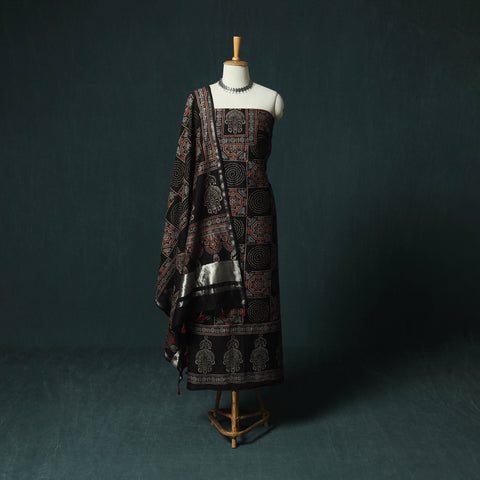 Black - Ajrakh Hand Block Print Chanderi Silk Natural Dyed 2pc Unstitched Dress Material Kurta Set 02