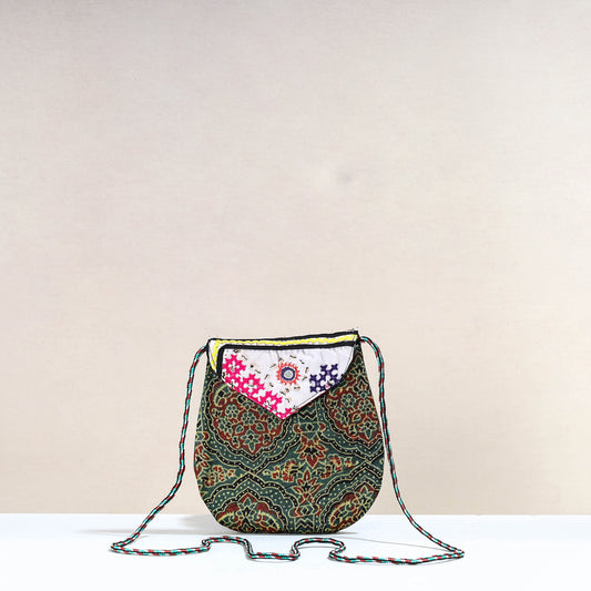 Green - Handcrafted Ajrakh Mashru Silk Sling Bag with Embroidery Flap