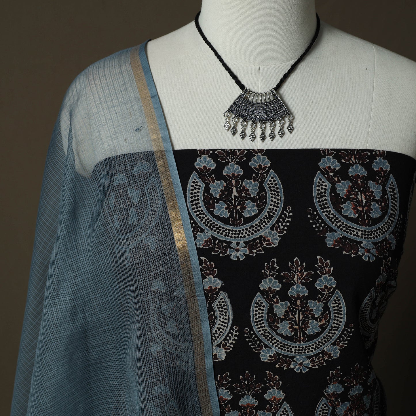 Ajrakh Hand Block Print Natural Dyed 2pc Cotton Unstitched Dress Material Kurta Set with Jewellery 06