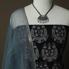 Ajrakh Hand Block Print Natural Dyed 2pc Cotton Unstitched Dress Material Kurta Set with Jewellery 06