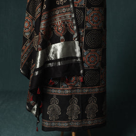 Black - Ajrakh Hand Block Print Chanderi Silk Natural Dyed 2pc Unstitched Dress Material Kurta Set 02