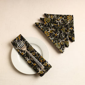  Set of 4 - Black Bagru Block Printed Cotton Table Napkins