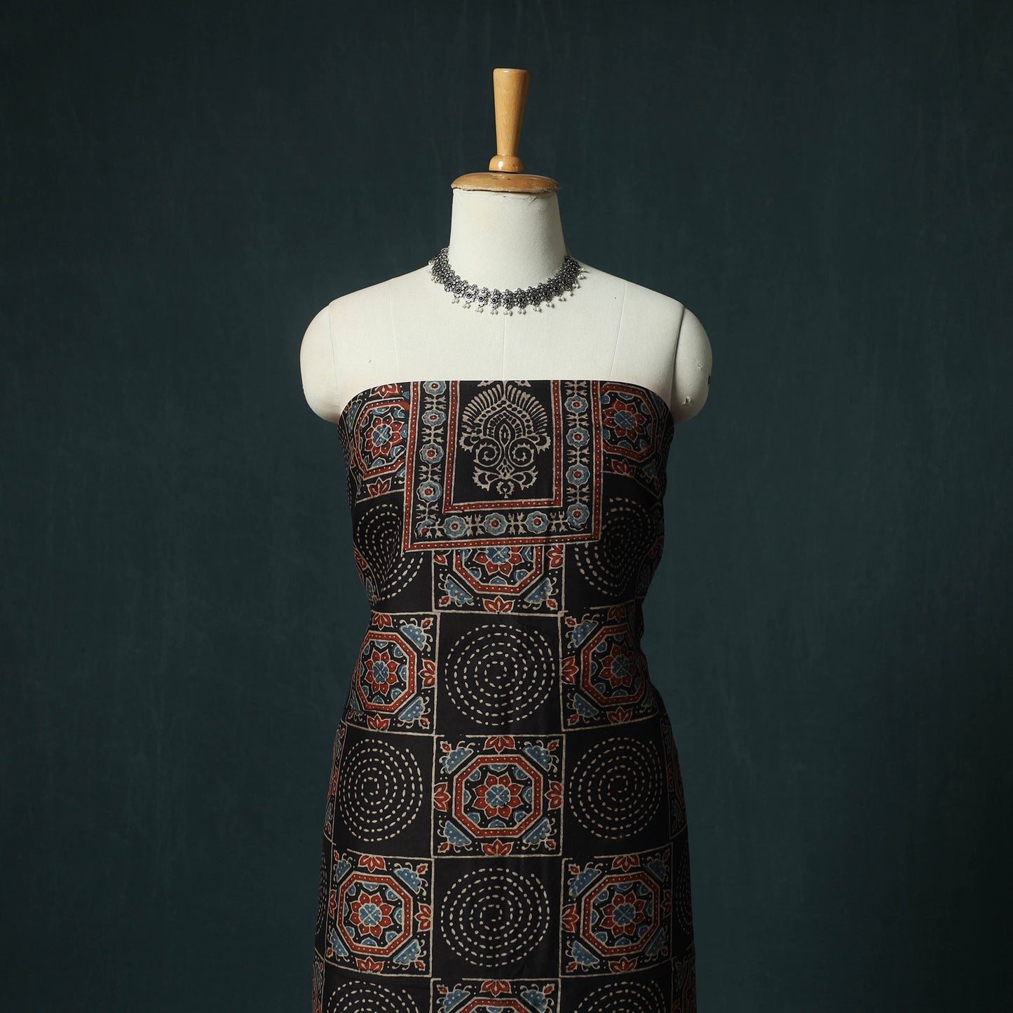 Black - Ajrakh Hand Block Print Chanderi Silk Natural Dyed 2pc Unstitched Dress Material Kurta Set 02