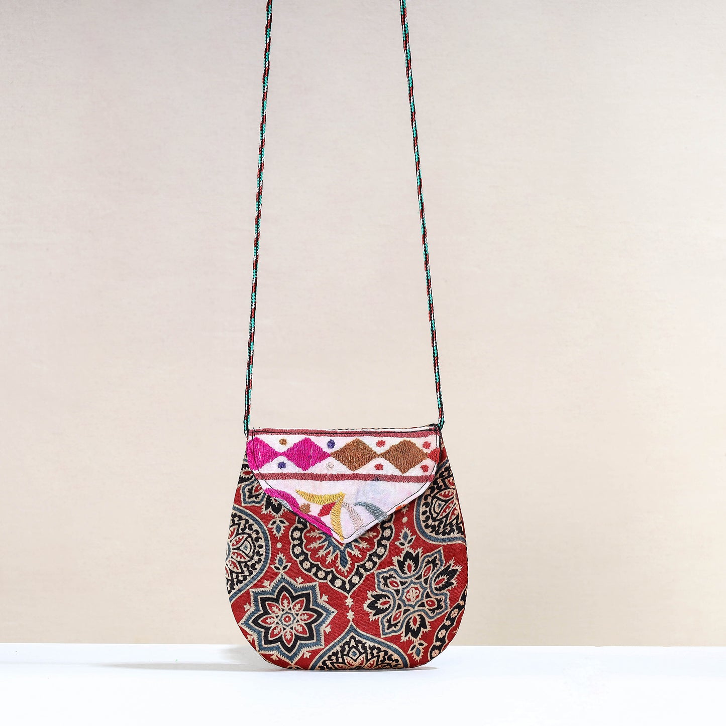 Red - Handcrafted Ajrakh Mashru Silk Sling Bag with Embroidery Flap