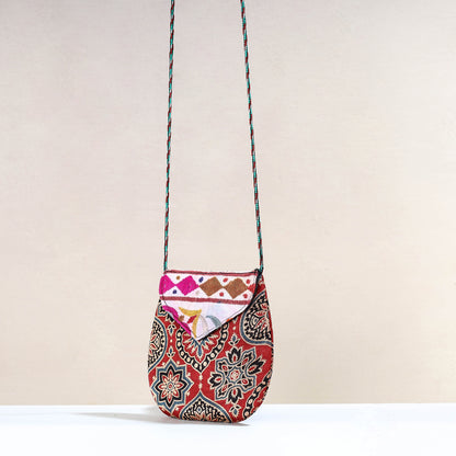 Red - Handcrafted Ajrakh Mashru Silk Sling Bag with Embroidery Flap