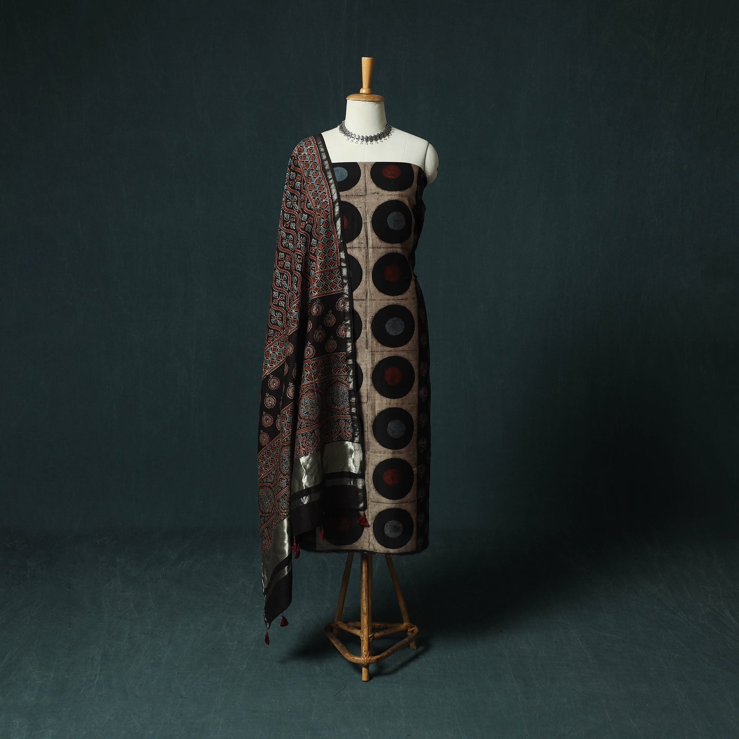 Black - Ajrakh Hand Block Print Chanderi Silk Natural Dyed 2pc Unstitched Dress Material Kurta Set 03