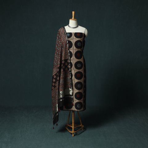 Black - Ajrakh Hand Block Print Chanderi Silk Natural Dyed 2pc Unstitched Dress Material Kurta Set 03