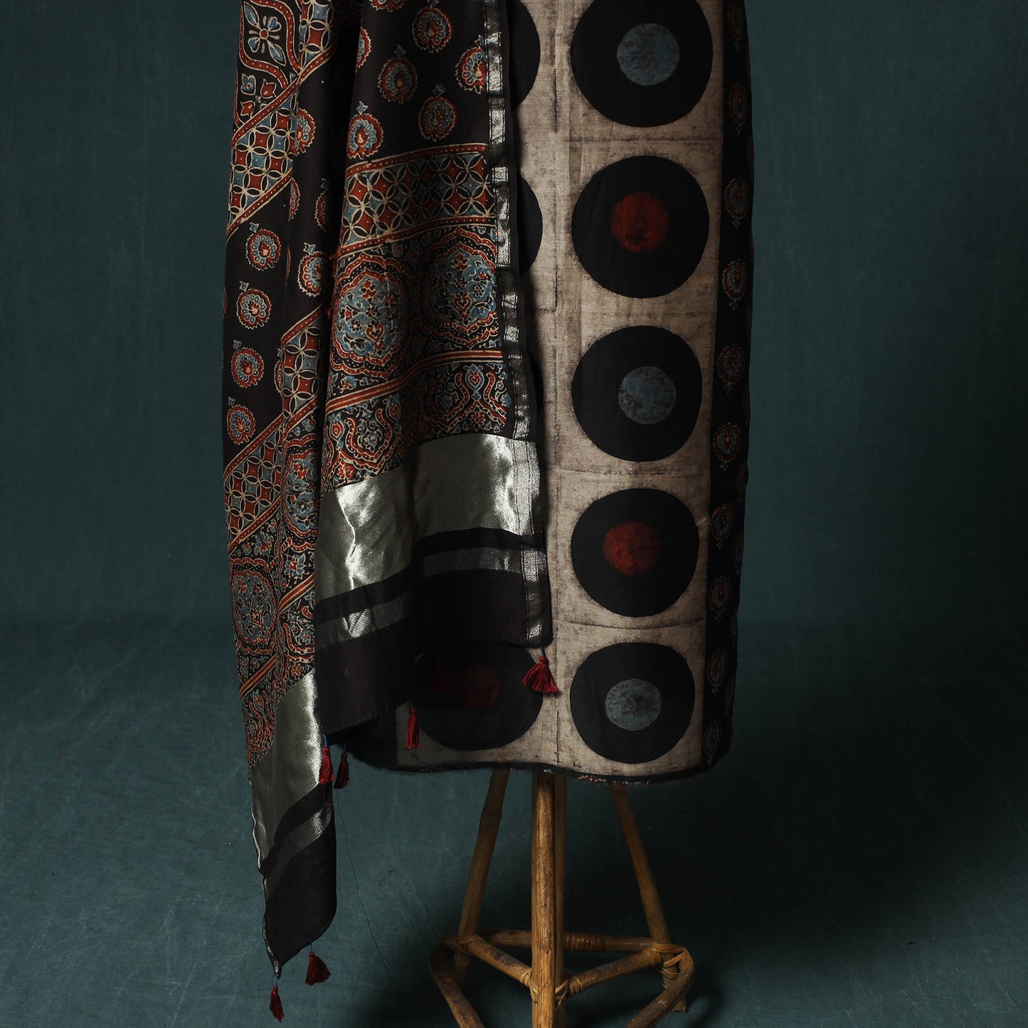 Black - Ajrakh Hand Block Print Chanderi Silk Natural Dyed 2pc Unstitched Dress Material Kurta Set 03