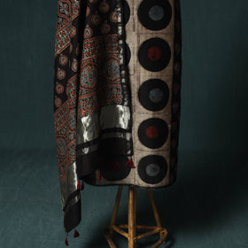 Black - Ajrakh Hand Block Print Chanderi Silk Natural Dyed 2pc Unstitched Dress Material Kurta Set 03