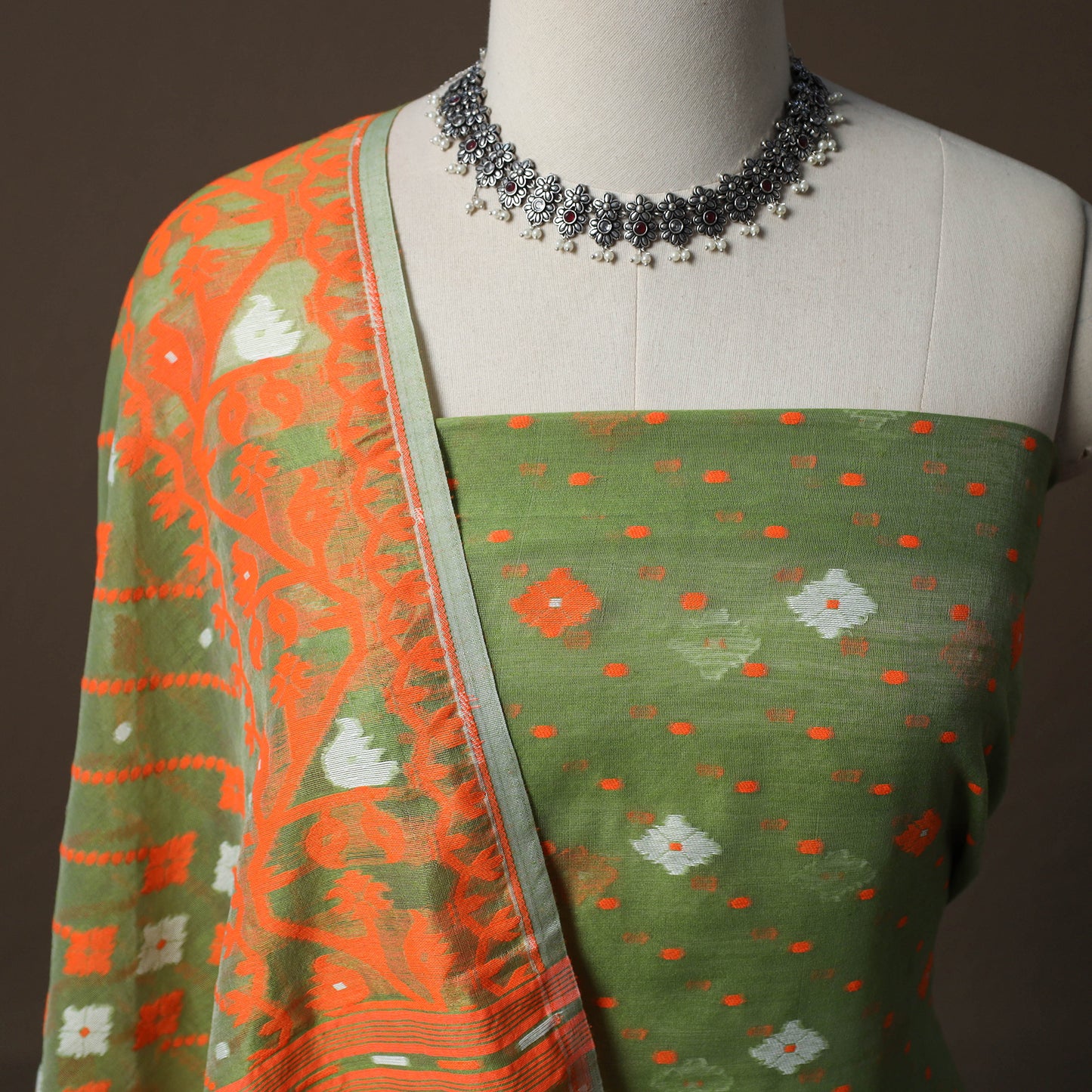 Phulia Jamdani Silk Cotton 2pc Unstitched Dress Material Kurta Set 25