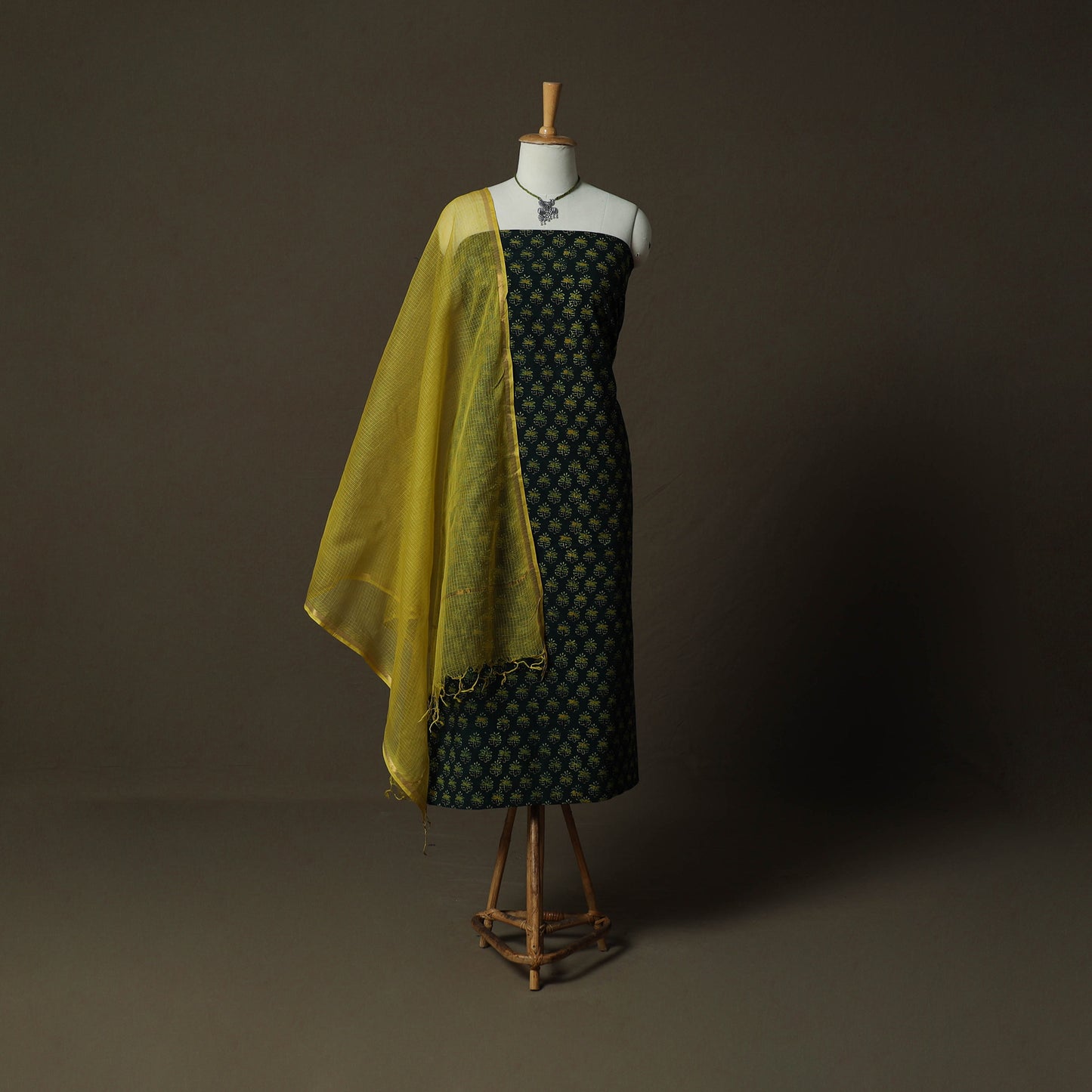 Ajrakh Hand Block Print Natural Dyed 2pc Cotton Unstitched Dress Material Kurta Set with Jewellery 07