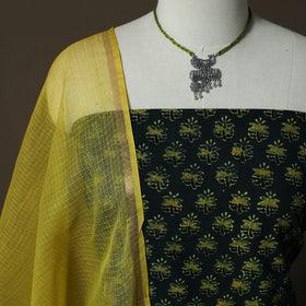 Ajrakh Hand Block Print Natural Dyed 2pc Cotton Unstitched Dress Material Kurta Set with Jewellery 07